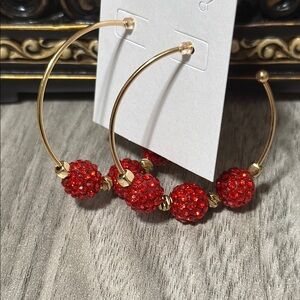 Elegant Gold and Red Beaded Hoop Earrings